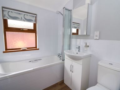 A bathroom with a bathtub shower sink cabinet toilet and window with whale patterned blind at 2 Riverside Lodge Abercych near Cenarth