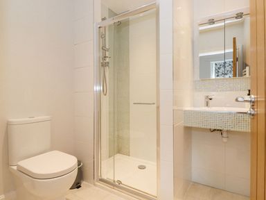 A bathroom with a shower, sink and toilet at The Gatehouse 