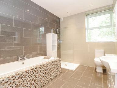 A bathroom with a shower and bathtub at The Gatehouse in 