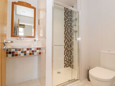 A bathroom with a sink, mirror, shower, and toilet at The Gatehouse 