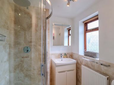 A bathroom with a shower and sink at 1 Eastdon Cottages in Exeter
