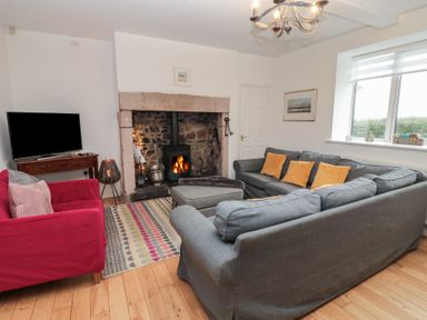 A living room with sofas around a fireplace and a television on a stand at The Smithy in Chathill near Seahouses