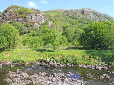 A river with rocks in front of a grassy area and trees with mountains in the background at Riverbank Cottage in Beddgelert