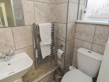 A bathroom with a sink towel rack toilet and frosted window at Lewis Lodge in St Anns Chapel