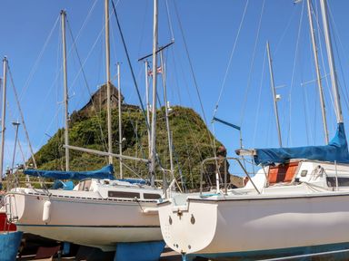 Sailboats docked at a marina with a hill in the background at Hollycombe, Ilfracombe