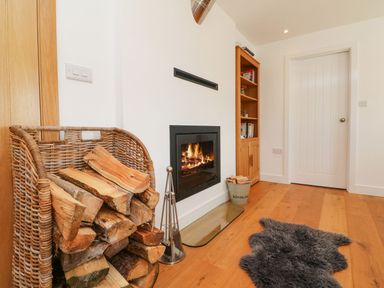 A room with a wood burning stove fire logs in a wicker basket a metal tool set a wooden bookshelf a white door and a gray rug on wooden floor at Buddicombe House in Combe Martin