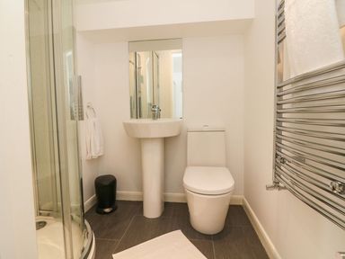 A bathroom with a shower enclosure sink toilet and towel rail at Buddicombe House Combe Martin