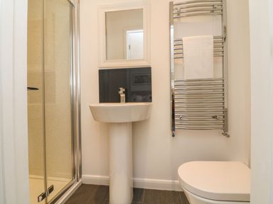 A bathroom with a shower, sink, mirror, towel rack, and toilet at Buddicombe House in Combe Martin