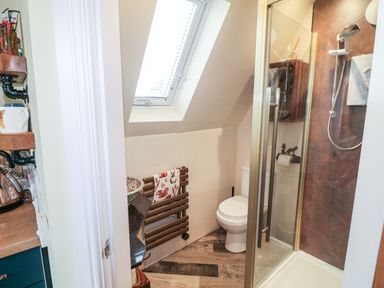 A bathroom with a toilet, shower with glass door, towel radiator, and a window near Sunflower Lodge Near Misterton