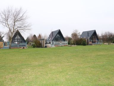 Three small wooden A-frame cabins with fenced porches on a grassy field near leafless trees at Sunflower Lodge Near Misterton