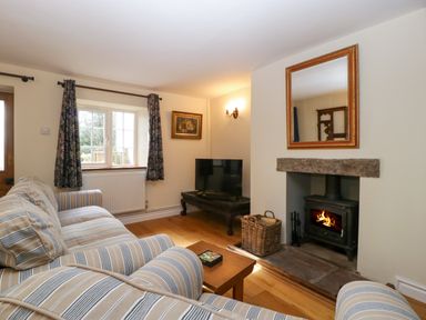 A living room with a striped sofa by a window a fireplace with a wood burning stove and a tv on a table at Court House Cottage in Gatcombe near Blakeney