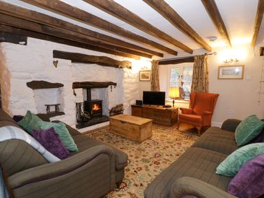 A living room with two sofas pillows a fireplace a wood stove an orange armchair a wooden chest and a television at Glandwr Cottage in Llanbedr