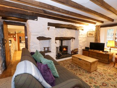A living room with a fireplace a sofa with pillows a wooden chest a television and an open door to a kitchen at Glandwr Cottage in Llanbedr
