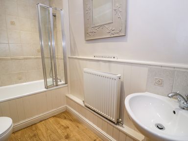A bathroom with a bathtub and shower, a wall-mounted radiator, a wall mirror, and a sink at Glandwr Cottage Llanbedr