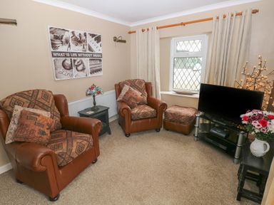 A living room with two armchairs a footstool a television on a stand a side table with a lamp and flowers on a side table at Greenhaven in Narberth