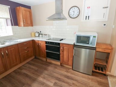 A kitchen with wooden cabinets a countertop electric stove oven microwave and a small fridge at Greenhaven in Narberth