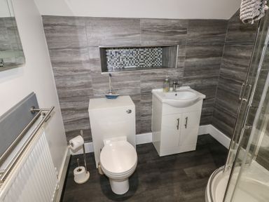 A bathroom with a toilet sink shower and radiator at Greenhaven in Narberth