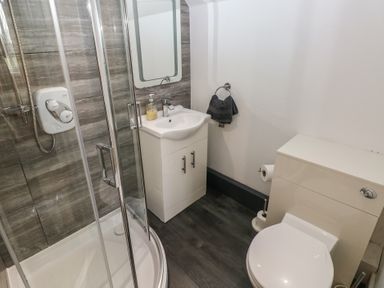 A bathroom with a shower cabin sink with cabinet mirror towel and toilet at Greenhaven in Narberth
