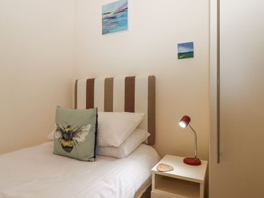 A bedroom with a single bed with striped headboard and a bee cushion next to a white nightstand with a red lamp and small decorative item at Matilda Lodge in Newton Ferrers