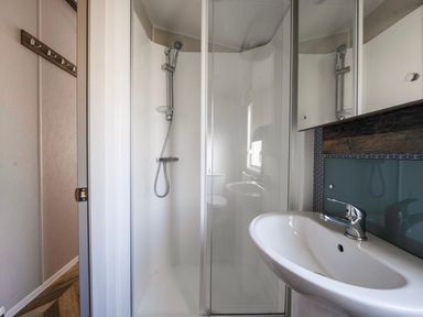 A bathroom with a shower and sink at Wavecrest - Hayling Island
