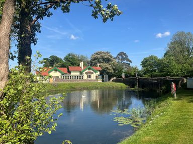 A pond with a swan and lily pads next to a house and a stone bridge surrounded by trees at Hafod Lodge in Hensol near Pontyclun
