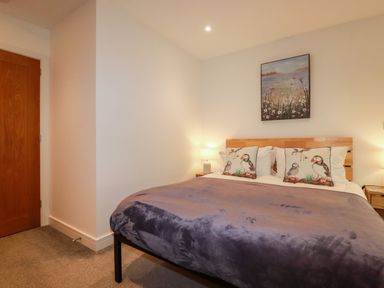 A bedroom with a bed featuring puffin printed cushions bedside lamps and a painting on the wall at Jacana in Perranporth