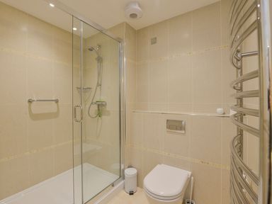 A bathroom with shower and toilet at Apartment 12, Burgh Island Causeway Bigbury-On-Sea