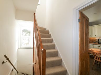 A stairway with carpeted steps and wooden handrails next to a partially open wooden door leading to a kitchen at Springfield in Kingsand