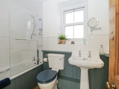 A bathroom with a bathtub shower combination a toilet a pedestal sink a window with a plant on the sill and a wooden door at Springfield in Kingsand
