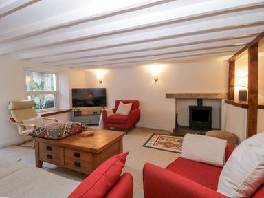 A living room with red armchairs a wooden coffee table a wood stove and a television at Springfield in Kingsand