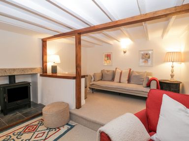 A living room with sofas lamps a small fireplace and a patterned rug at Springfield in Kingsand