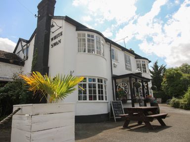 The exterior of a white building named White Swan with white windows a bench and planter outside