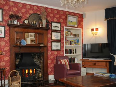 A living room with a wooden fireplace with fire a bookshelf a television on a wooden stand and a red armchair at Sycamore Apartment in Lifton