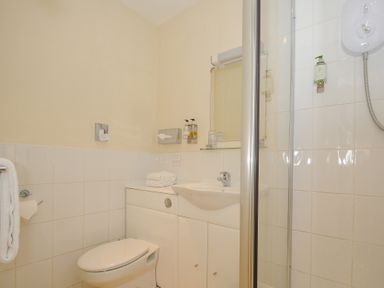 A bathroom with a toilet, sink, mirror, glass shelf with cups, towel holder, and a shower at Sycamore Apartment in Lifton