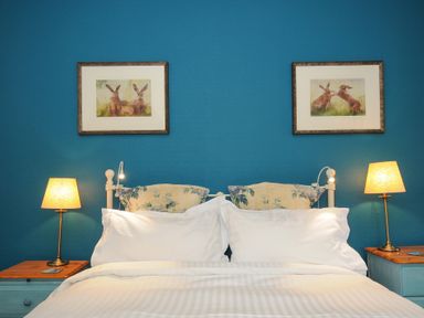 A bedroom with a bed with white pillows and sheets two bedside tables with lamps and framed pictures on a blue wall at Sycamore Apartment in Lifton