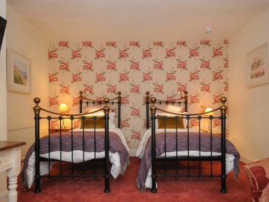 A bedroom with two single metal beds and floral wallpaper at Sycamore Apartment in Lifton