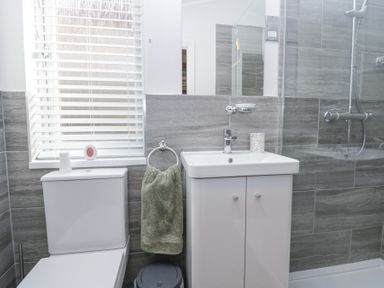 A bathroom with a toilet, sink cabinet, towel ring with green towel, and a shower area at Swifts Reach Lodge Kirkstone 10 Limefitt Park near Windermere