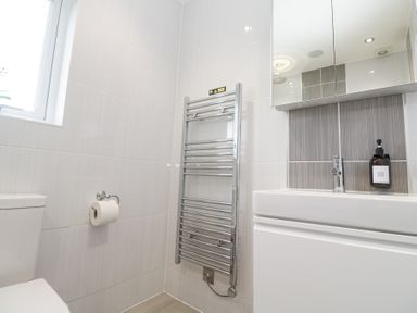 A bathroom with a toilet, wall-mounted towel radiator, sink with faucet, hand wash dispenser, and mirrored cabinet at Hepworth in Portreath