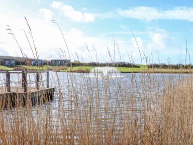 A lake with tall dry grass in the foreground a wooden dock on the left and small buildings on the far side at Hepworth in Portreath