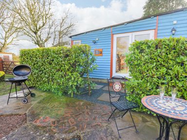 A small patio with a mosaic table and chair two glasses on the table a barbecue and a blue wooden shed with double glass doors and green hedges at Shed Your Blues Brilley near Kington
