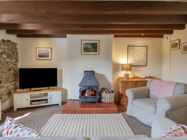 A living room with a wood burning stove armchairs a television and wooden furniture at Garden Cottage in Upottery