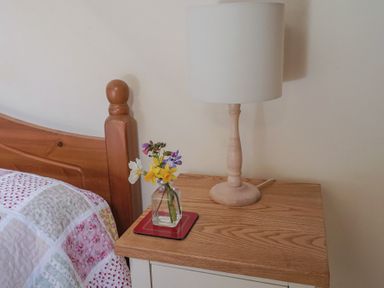 A wooden bedside table with a small glass vase of flowers and a lamp next to a wooden bed at Garden Cottage in Upottery
