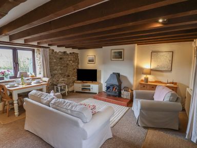 A living room with two sofas a wood-burning stove a dining table and chairs at Garden Cottage in Upottery