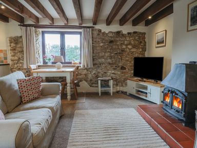 A living room with a sofa a dining table a television and a wood burning stove at Garden Cottage in Upottery