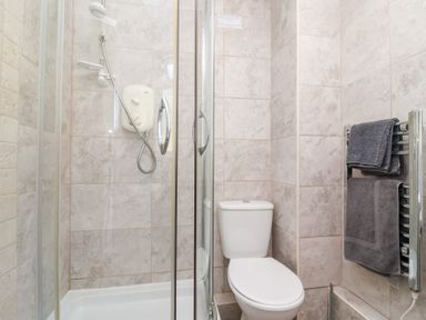 A bathroom with a shower and toilet at Valley Lodge 37 St Ann's Chapel Cornwall