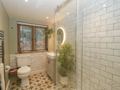 A bathroom with a toilet sink and glass shower enclosure with plants near the window at Pheasants Rise Apartment in Ross-On-Wye