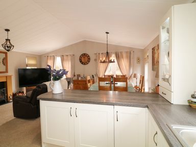 A living room and dining area with a dining table and chairs a television and a countertop with a vase of flowers at The Lake House in Marston near Barkston