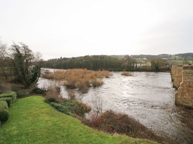 A river flowing beside a grassy area with bushes and trees near a stone bridge at Kerangarth in Corbridge