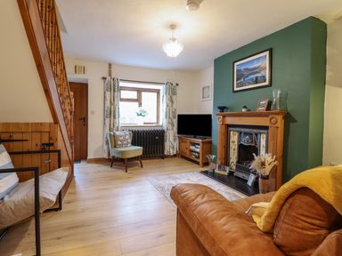 A living room with a brown leather sofa a green accent wall with a fireplace and a television on a wooden stand at Gwynfa in Ysbyty Ifan