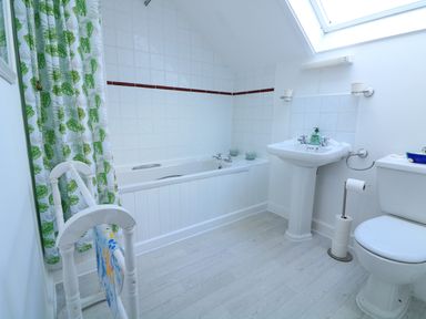 A bathroom with a bathtub, sink, toilet, green leaf patterned shower curtain, and a skylight at Millers Loft in Modbury